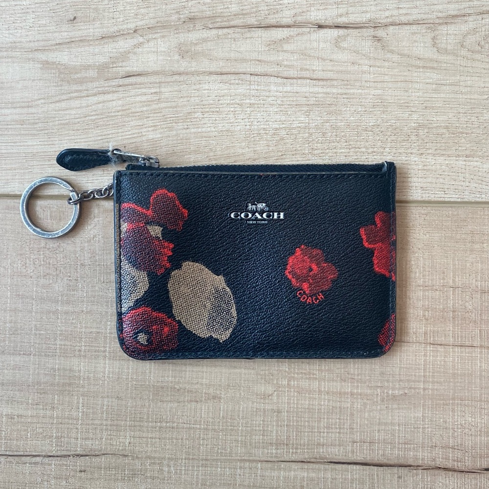 Coach Black Pouch with Red and Beige Floral Design